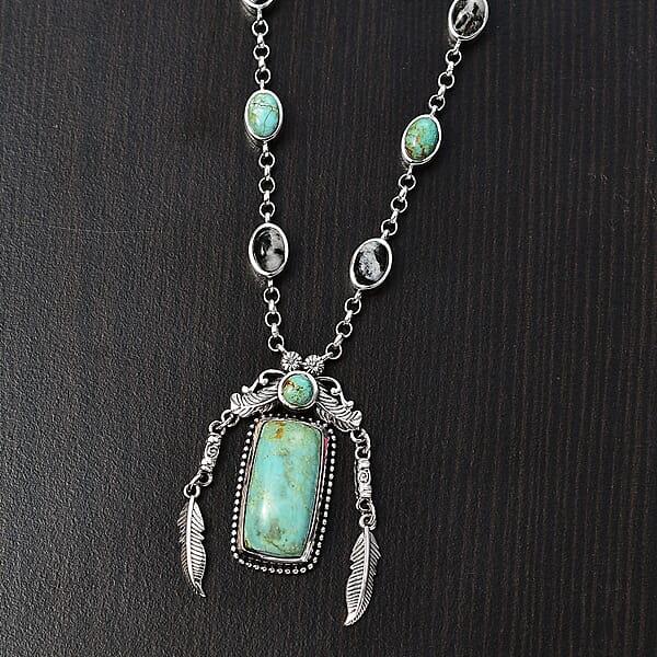 D'Joy Artisan Crafted Royston Turquoise And White Buffalo 13.15 Ctw Feather Necklace In Sterling Silver 18 Inches