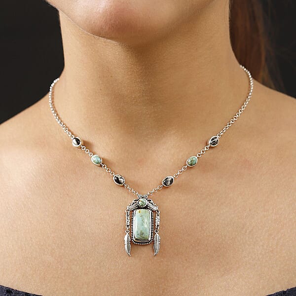 D'Joy Artisan Crafted Royston Turquoise And White Buffalo 13.15 Ctw Feather Necklace In Sterling Silver 18 Inches