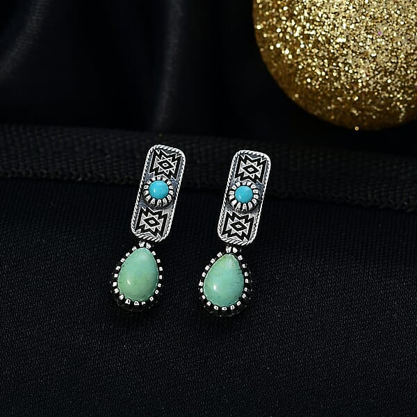 D'Joy Artisan Crafted Royston Turquoise Lagoon Turquoise Earrings In Black Oxidised Sterling Silver 1.65 Ctw