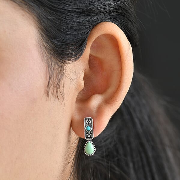 D'Joy Artisan Crafted Royston Turquoise Lagoon Turquoise Earrings In Black Oxidised Sterling Silver 1.65 Ctw