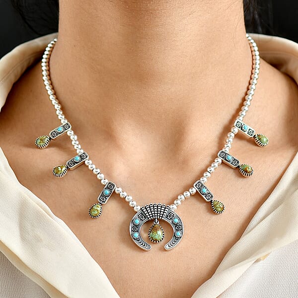 D'Joy Artisan Crafted Royston Turquoise Lagoon Turquoise Necklace In Black Oxidised Sterling Silver 6.60 Ctw (18-20 Inches)