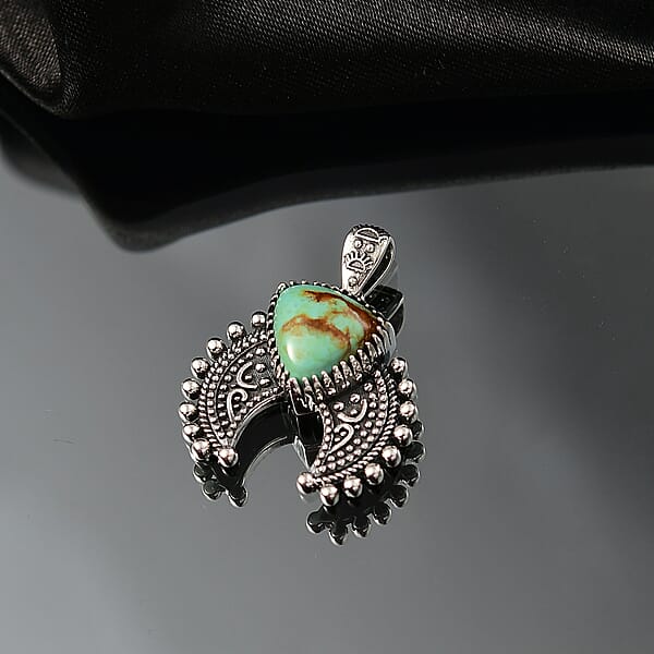 D'Joy Artisan Crafted Royston Turquoise Pendant Without Chain In Oxidised Sterling Silver 3.60 Ctw