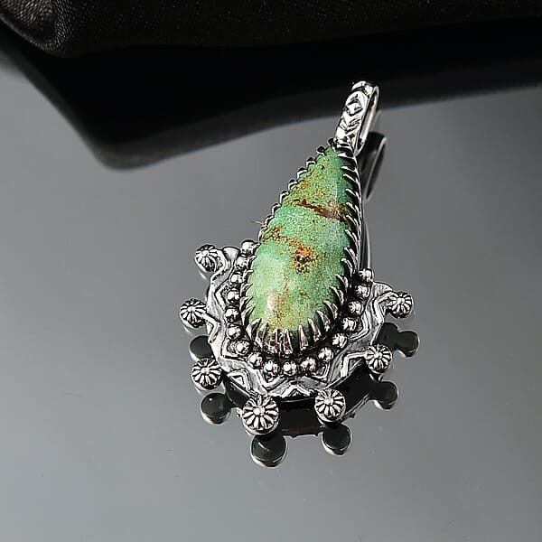 D'Joy Artisan Crafted Royston Turquoise Pendant Without Chain In Black Oxidised Sterling Silver 6.50 Ctw