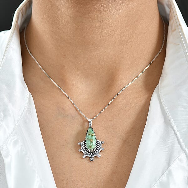 D'Joy Artisan Crafted Royston Turquoise Pendant Without Chain In Black Oxidised Sterling Silver 6.50 Ctw