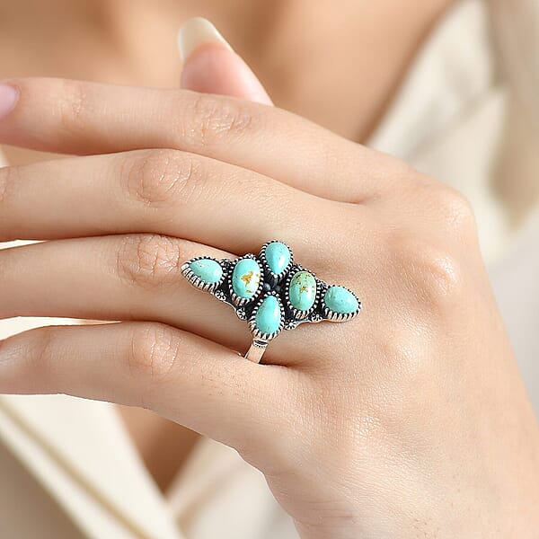 D'Joy Artisan Crafted Royston Turquoise Ring In Black Oxidised Sterling Silver 5.85 Ctw