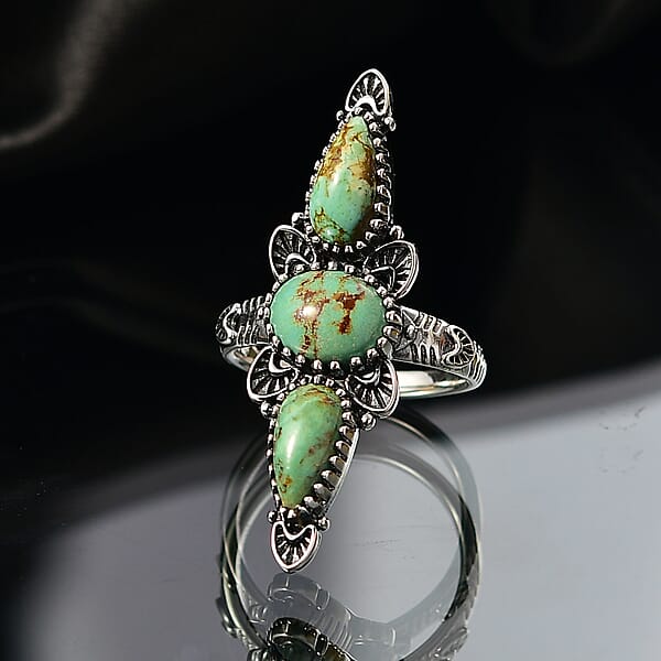 D'Joy Artisan Crafted Royston Turquoise Ring In Black Oxidised Sterling Silver 4.40 Ctw