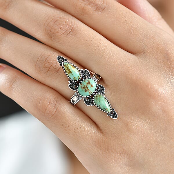 D'Joy Artisan Crafted Royston Turquoise Ring In Black Oxidised Sterling Silver 4.40 Ctw
