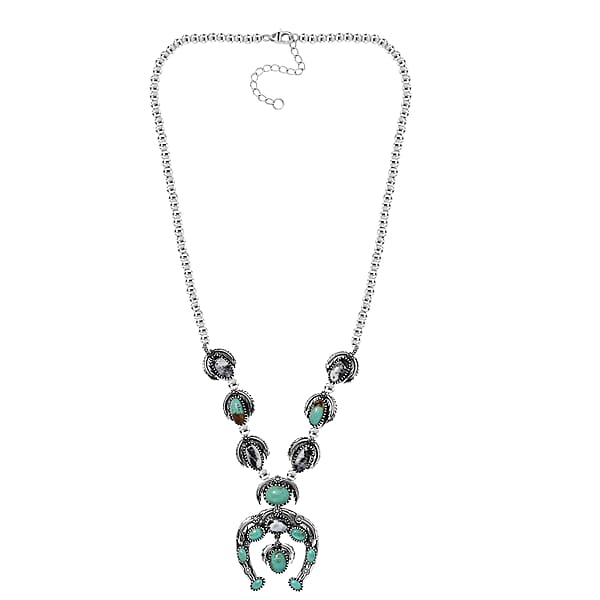 D'Joy Artisan Crafted Royston Turquoise White Buffalo Squash Blossom Necklace In Black Oxidised Sterling Silver 14.50 Ctw (18-20 Inches)