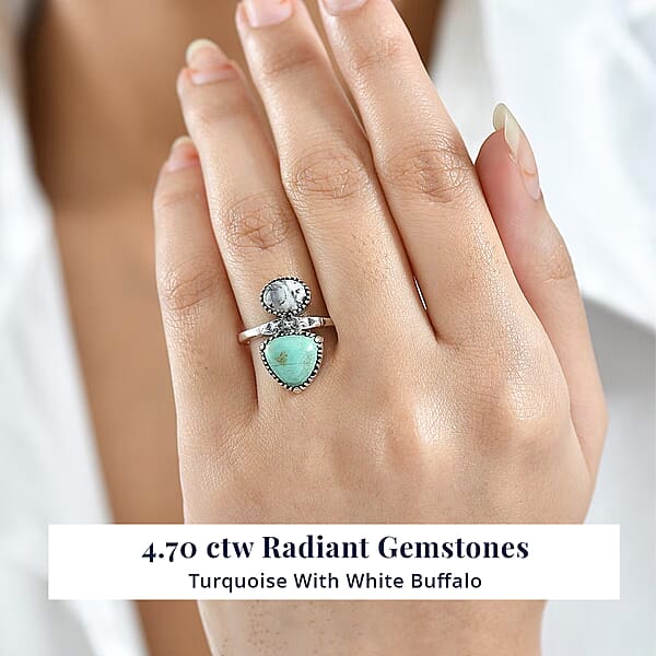 D'Joy Artisan Crafted Royston Turquoise White Buffalo Ring In Black Oxidised Sterling Silver 4.70 Ctw