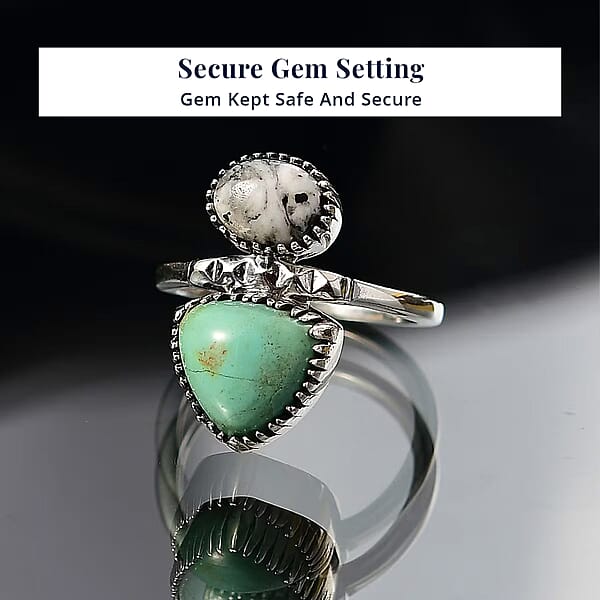 D'Joy Artisan Crafted Royston Turquoise White Buffalo Ring In Black Oxidised Sterling Silver 4.70 Ctw