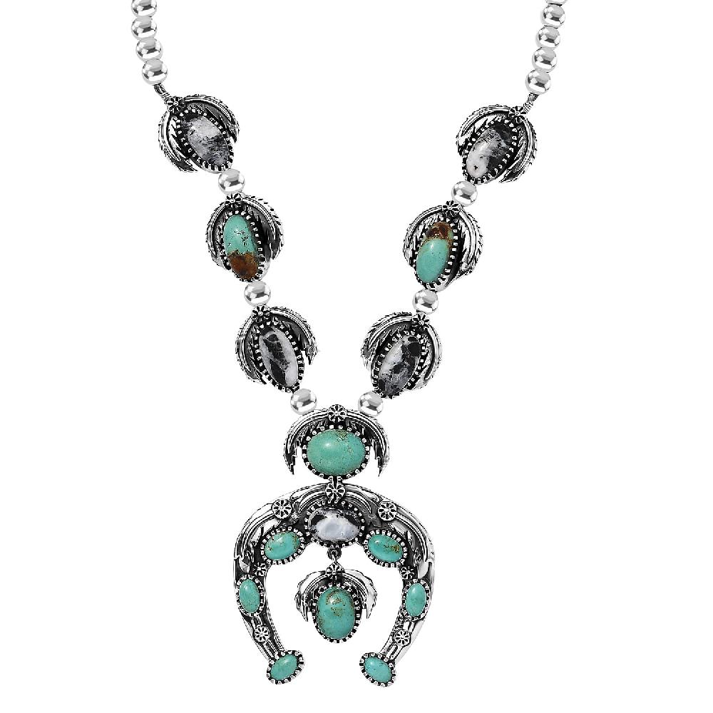 D'Joy Artisan Crafted Royston Turquoise White Buffalo Squash Blossom Necklace in Black Oxidised Sterling Silver 14.50 ctw (18-20 Inches)
