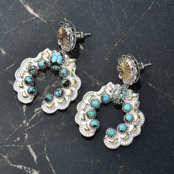 D'Joy Artisan Crafted Sleeping Beauty Turquoise 3.65 Ctw Native American Concho Earrings In 18K YG And Rhodium Over Sterling Silver
