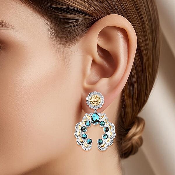 D'Joy Artisan Crafted Sleeping Beauty Turquoise 3.65 Ctw Native American Concho Earrings In 18K YG And Rhodium Over Sterling Silver