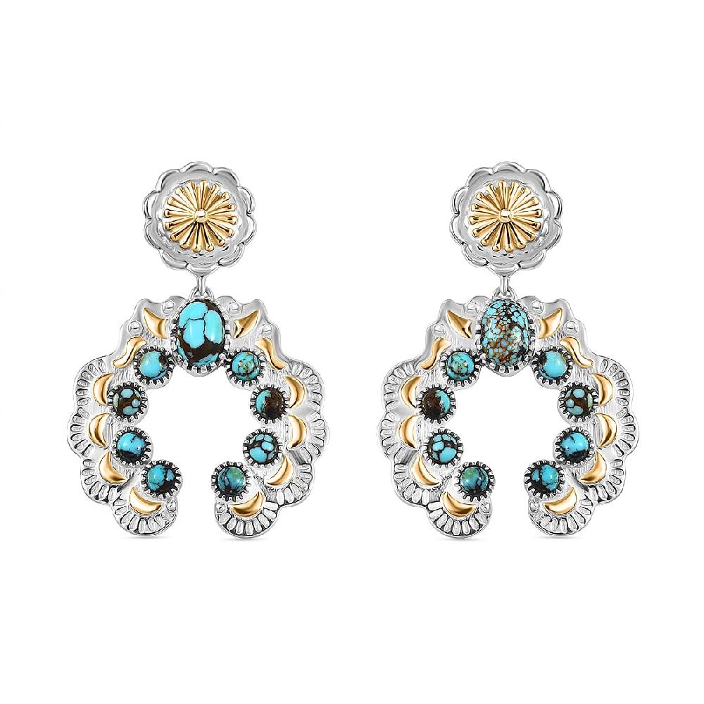 D'Joy Artisan Crafted Sleeping Beauty Turquoise 3.65 ctw Native American Concho Earrings in 18K YG and Rhodium Over Sterling Silver