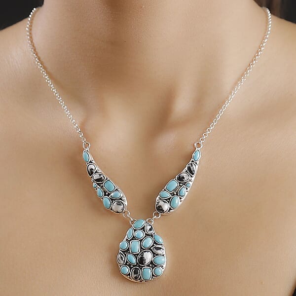 D'Joy Artisan Crafted Sleeping Beauty Turquoise And White Buffalo 16.25 Ctw Necklace In Black Oxidized Sterling Silver 18 Inches
