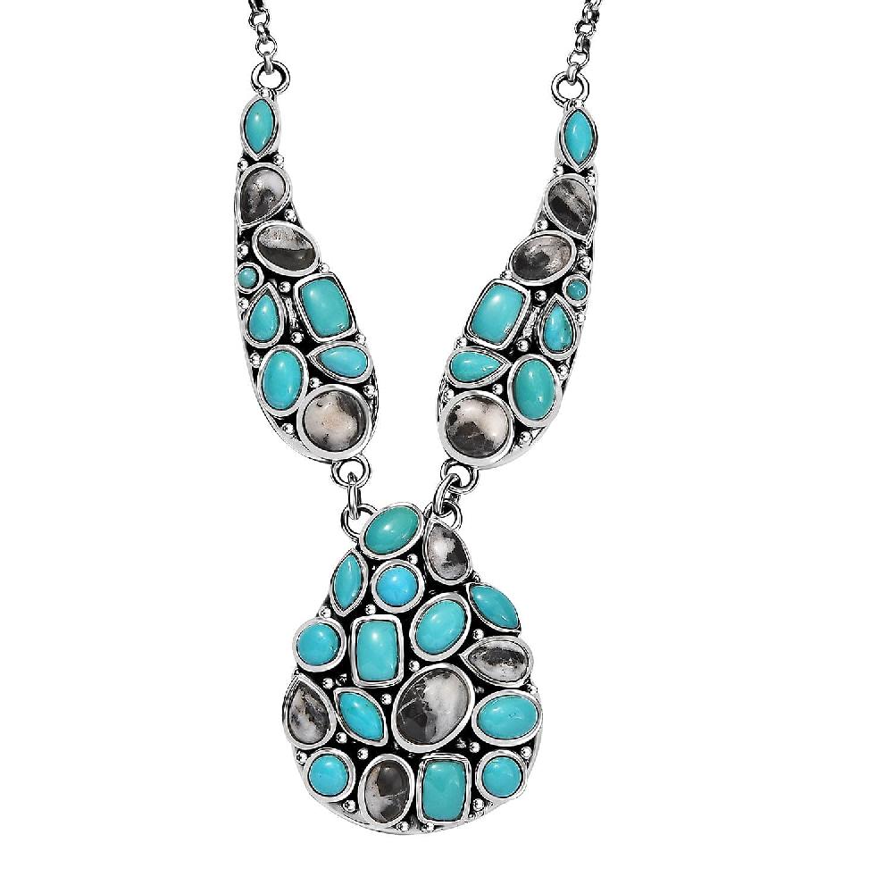 D'Joy Artisan Crafted Sleeping Beauty Turquoise and White Buffalo 16.25 ctw Necklace in Black Oxidized Sterling Silver 18 Inches