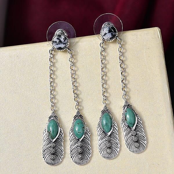 D'Joy Artisan Crafted Tahoe Nevada Turquoise And White Buffalo 5.40 Ctw Feather Earrings In Sterling Silver