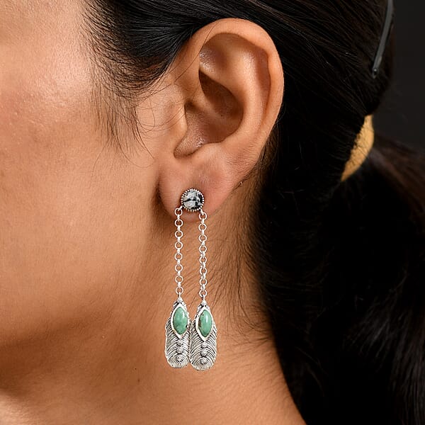 D'Joy Artisan Crafted Tahoe Nevada Turquoise And White Buffalo 5.40 Ctw Feather Earrings In Sterling Silver
