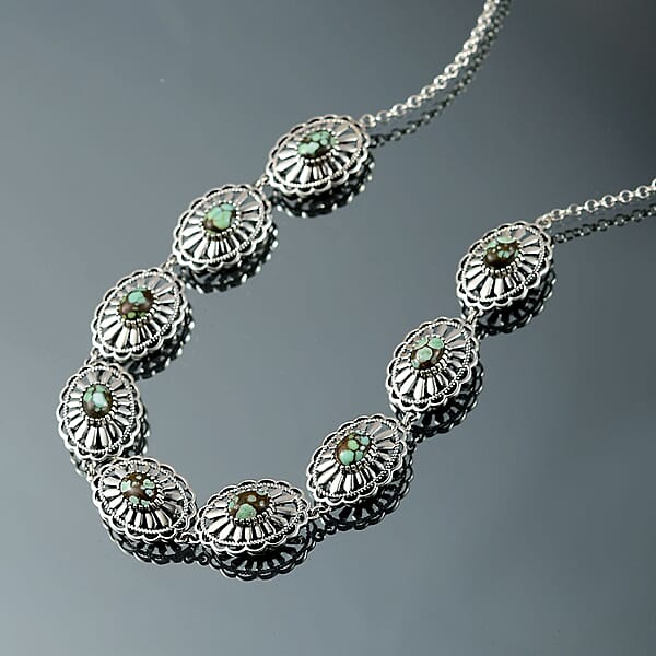 D'Joy Artisan Crafted Whispering Web Turquoise 10.75 Ctw Concho Necklace 18 Inches In Sterling Silver