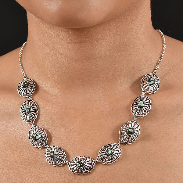 D'Joy Artisan Crafted Whispering Web Turquoise 10.75 Ctw Concho Necklace 18 Inches In Sterling Silver