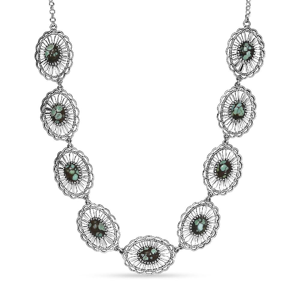 D'Joy Artisan Crafted Whispering Web Turquoise 10.75 ctw Concho Necklace 18 Inches in Sterling Silver