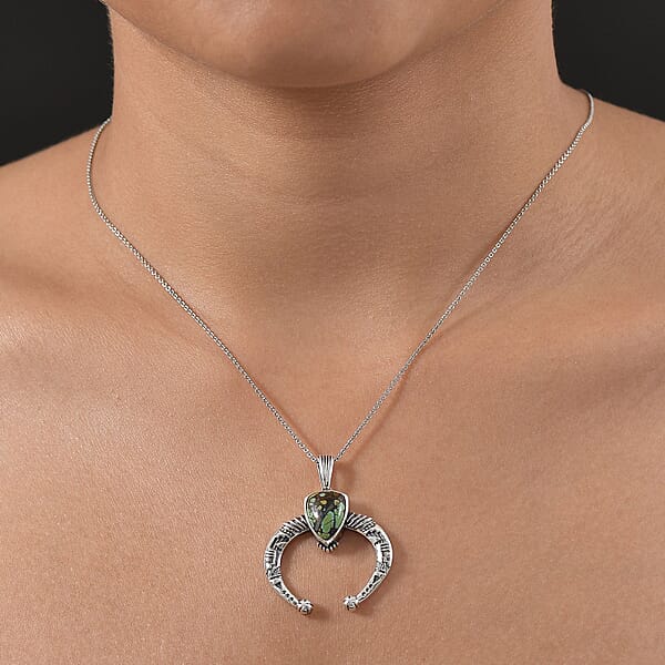D'Joy Artisan Crafted Whispering Web Turquoise 3.70 Ctw Squash Blossom Pendant Without Chain In Sterling Silver