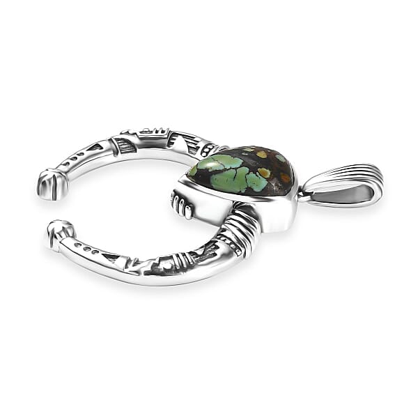 D'Joy Artisan Crafted Whispering Web Turquoise 3.70 Ctw Squash Blossom Pendant Without Chain In Sterling Silver