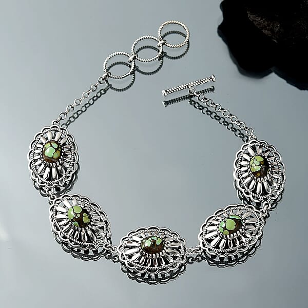 D'Joy Artisan Crafted Whispering Web Turquoise 6.10 Ctw Concho Bracelet In Sterling Silver (6.50-8.0In)