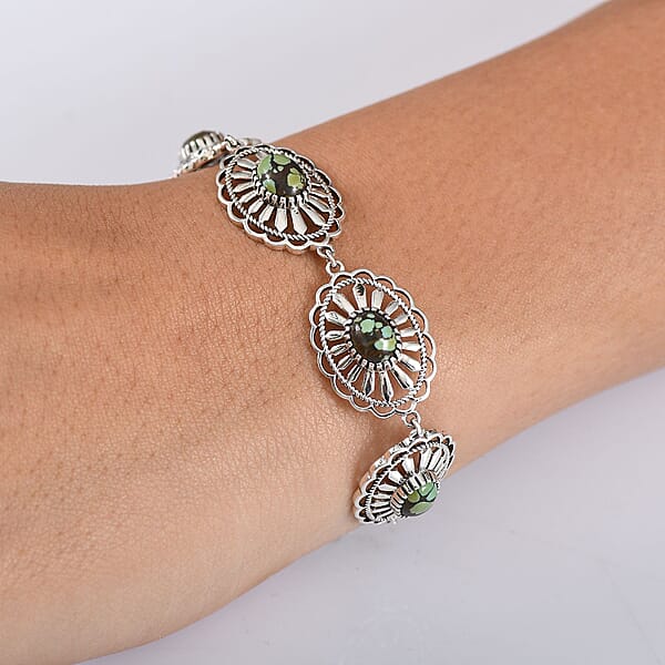 D'Joy Artisan Crafted Whispering Web Turquoise 6.10 Ctw Concho Bracelet In Sterling Silver (6.50-8.0In)
