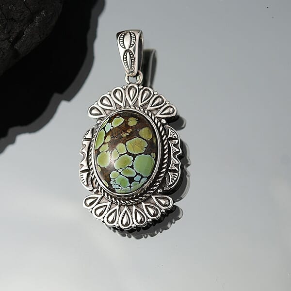D'Joy Artisan Crafted Whispering Web Turquoise 8.60 Ctw Pendant Without Chain In Sterling Silver