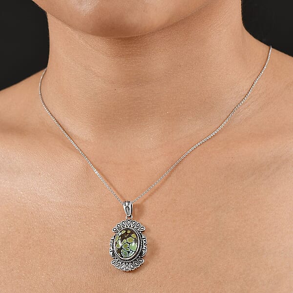 D'Joy Artisan Crafted Whispering Web Turquoise 8.60 Ctw Pendant Without Chain In Sterling Silver