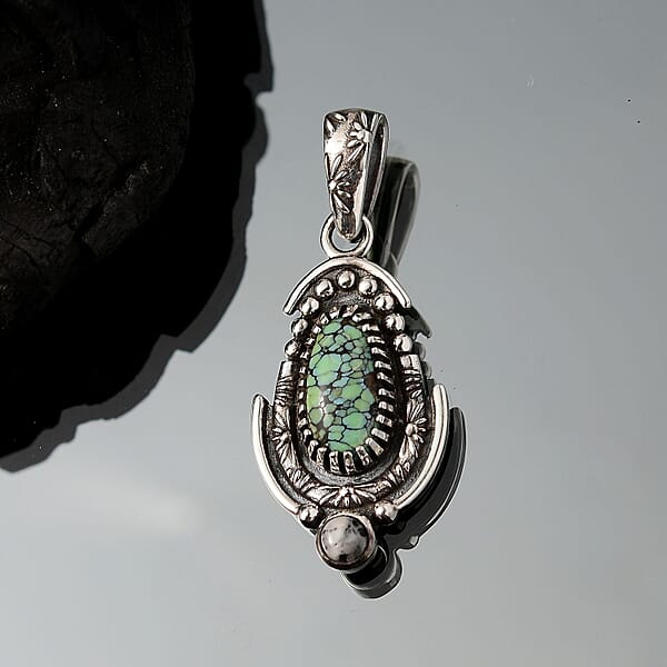 D'Joy Artisan Crafted Whispering Web Turquoise And White Buffalo 3.30 Ctw Pendant Without Chain In Sterling Silver