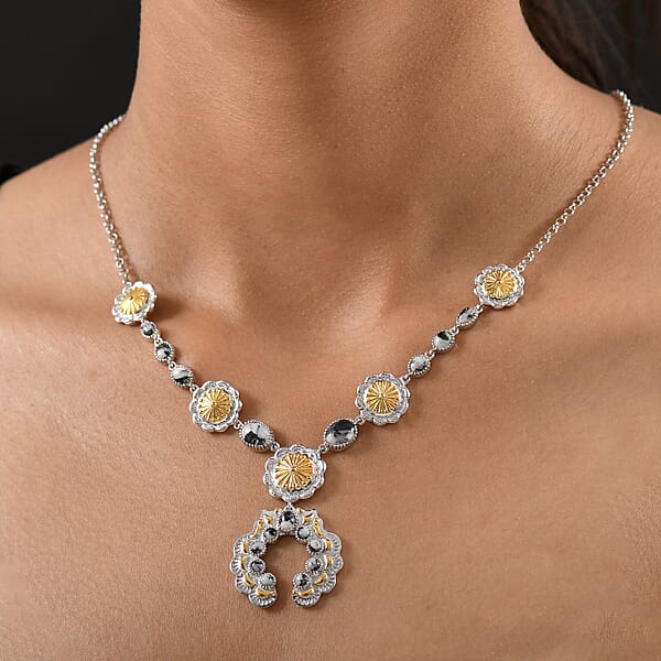 D'Joy Artisan Crafted White Buffalo 6.65 Ctw Native American Concho Necklace In 18K YG And Rhodium Over Sterling Silver 18 Inches