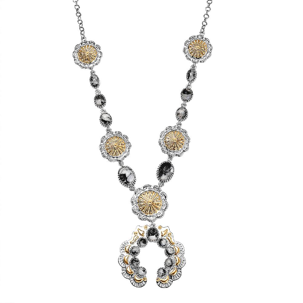D'Joy Artisan Crafted White Buffalo 6.65 ctw Native American Concho Necklace in 18K YG and Rhodium Over Sterling Silver 18 Inches