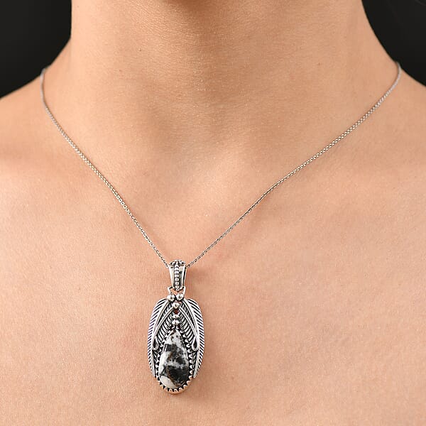 D'Joy Artisan Crafted White Buffalo 8.70 Ctw Feather Pendant Without Chain In Sterling Silver