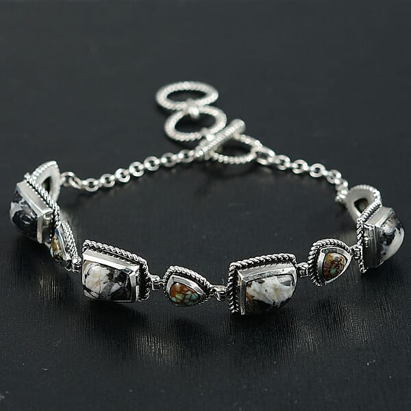 D'Joy Artisan Crafted White Buffalo And Blue Ho9rizon Turquoise 11.70 Ctw Bracelet In Sterling Silver (6.50-8.0In)