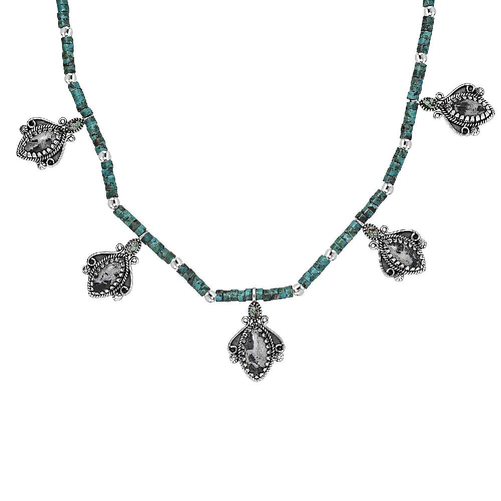 D'Joy Artisan Crafted White Buffalo and Multi Gemstone 62.30 ctw Necklace 18-20 Inches in Sterling Silver