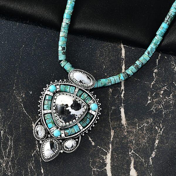 D'Joy Artisan Crafted White Buffalo And Royston Turquoise 84.60 Ctw Pendant With Beaded Necklace In Sterling Silver 20 Inches