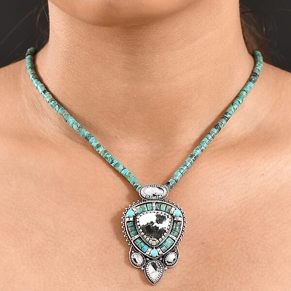 D'Joy Artisan Crafted White Buffalo And Royston Turquoise 84.60 Ctw Pendant With Beaded Necklace In Sterling Silver 20 Inches