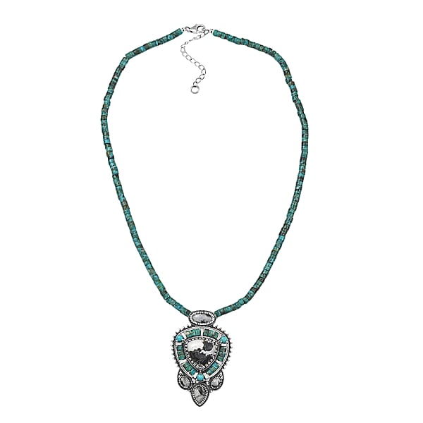 D'Joy Artisan Crafted White Buffalo And Royston Turquoise 84.60 Ctw Pendant With Beaded Necklace In Sterling Silver 20 Inches