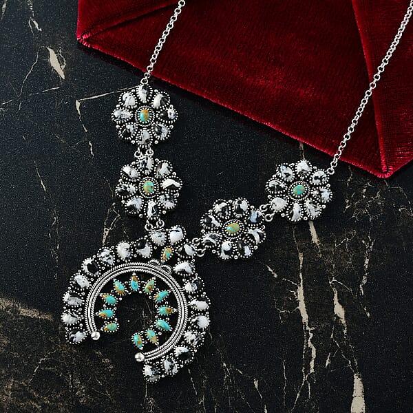 D'Joy Artisan Crafted White Buffalo And Royston Turquoise 54.10 Ctw Squash Blossom Necklace 18 Inches In Sterling Silver