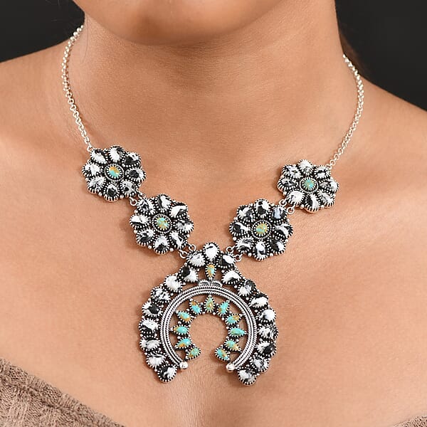 D'Joy Artisan Crafted White Buffalo And Royston Turquoise 54.10 Ctw Squash Blossom Necklace 18 Inches In Sterling Silver