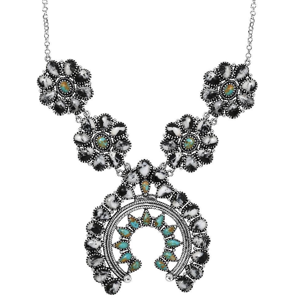 D'Joy Artisan Crafted White Buffalo and Royston Turquoise 54.10 ctw Squash Blossom Necklace 18 Inches in Sterling Silver