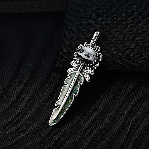 D'Joy Artisan Crafted White Buffalo Royston Turquoise Feather Pendant Without Chain Sterling Silver 17.70 Ctw