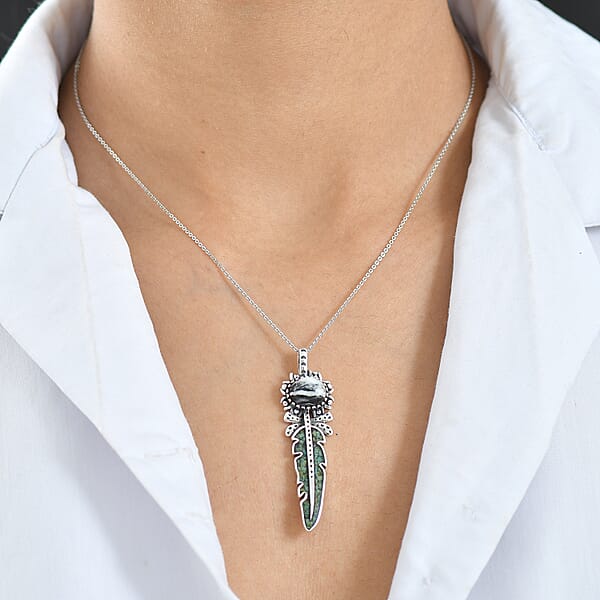 D'Joy Artisan Crafted White Buffalo Royston Turquoise Feather Pendant Without Chain Sterling Silver 17.70 Ctw