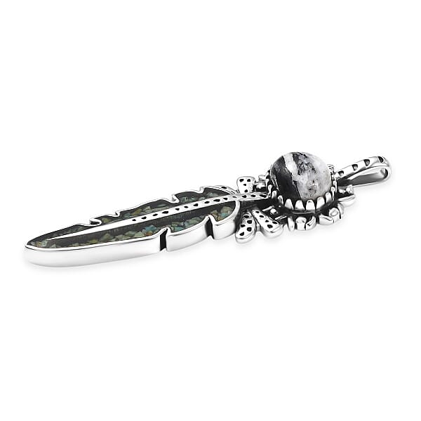 D'Joy Artisan Crafted White Buffalo Royston Turquoise Feather Pendant Without Chain Sterling Silver 17.70 Ctw