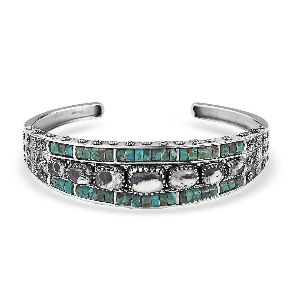 D'Joy Artisan Crafted White Buffalo Royston Turquoise Cuff Bracelet in Oxidized Sterling Silver 24.00 ctw (7.25 Inches)