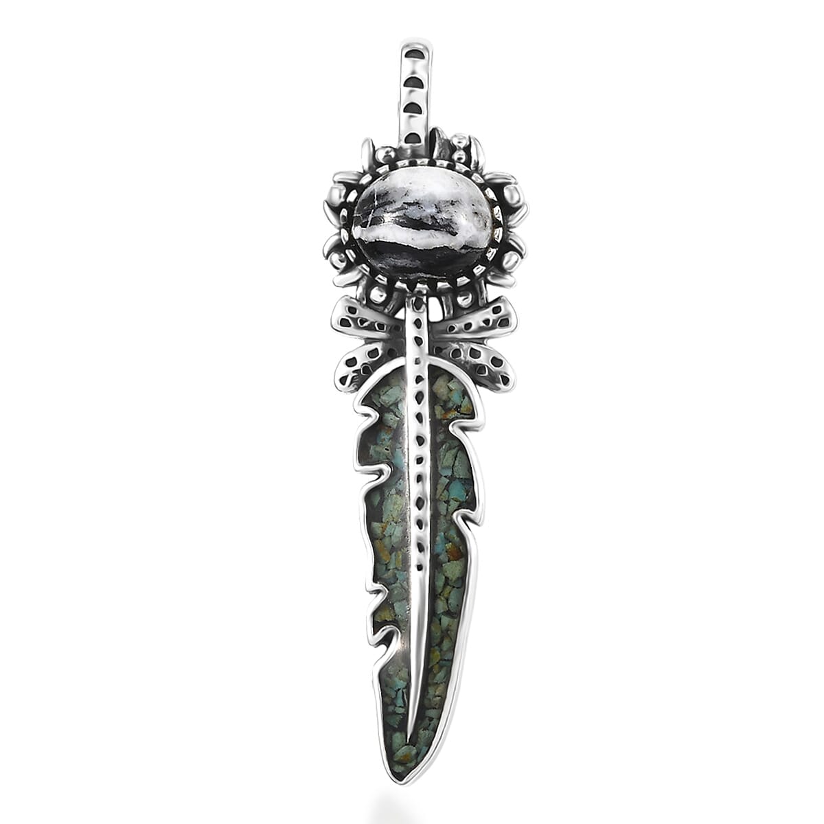 D'Joy Artisan Crafted White Buffalo Royston Turquoise Feather Pendant without Chain Sterling Silver 17.70 ctw