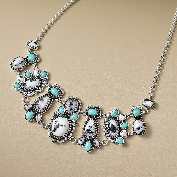 D'Joy Artisan Crafted White Buffalo Tahoe Nevada Turquoise Necklace In Oxidised Sterling Silver 21.90 Ctw (18-20 Inches)