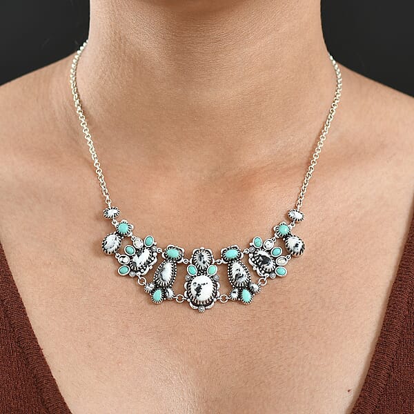 D'Joy Artisan Crafted White Buffalo Tahoe Nevada Turquoise Necklace In Oxidised Sterling Silver 21.90 Ctw (18-20 Inches)